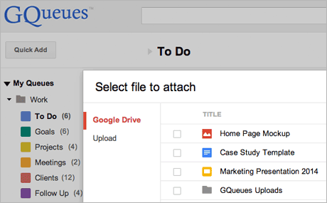 GQueues attachments with Google Drive